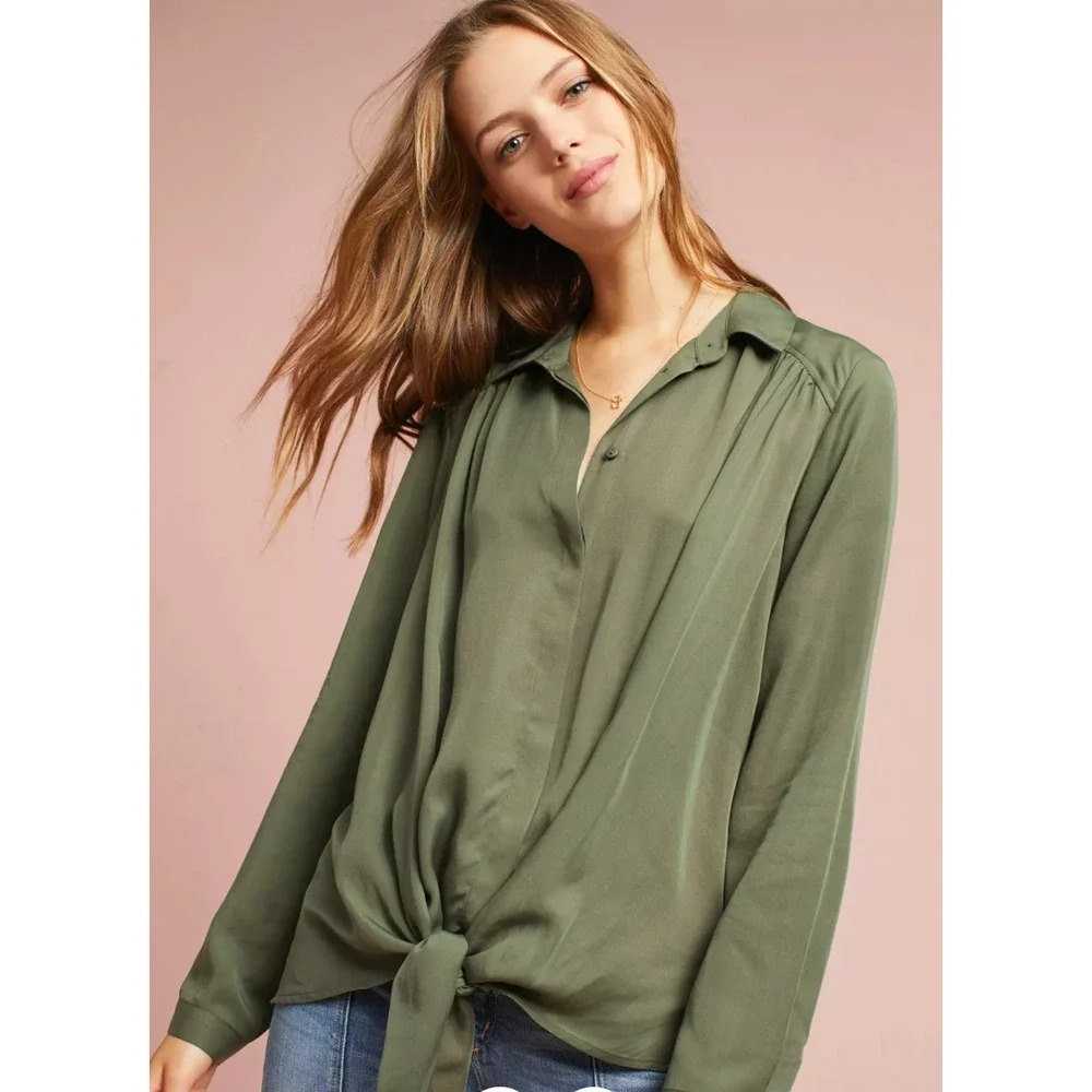Anthropologie Maeve Olive Green Tie Front Long Sleeve Shirt Button Down‎ Size M